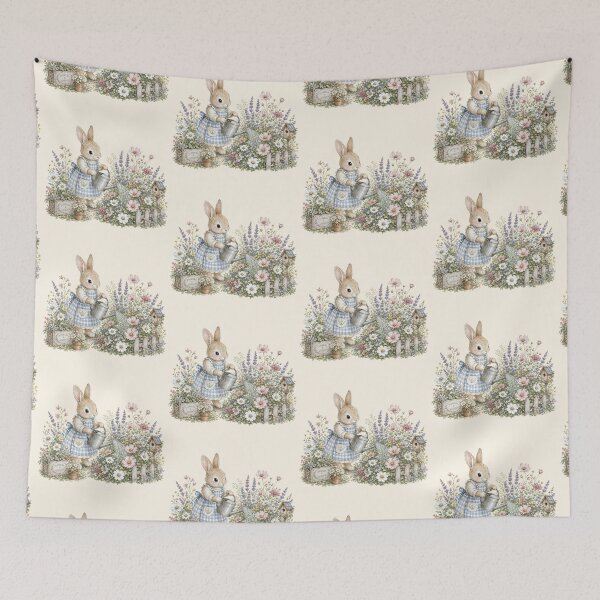 Item preview, Spring Garden Bunny Watering Flowers | Cottagecore Rabbit Illustration designed and sold by looplandger.