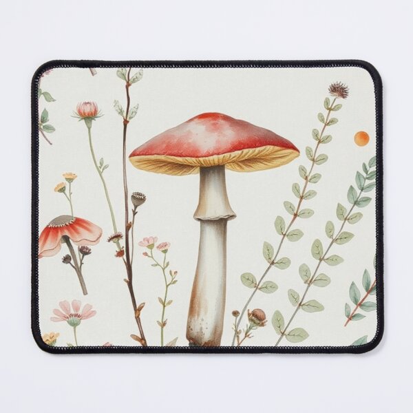 Item preview, Vintage Watercolor Red Mushroom and Wildflowers Print designed and sold by Jade Ado.