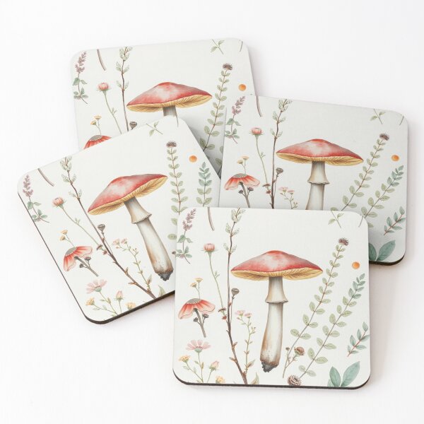 Item preview, Vintage Watercolor Red Mushroom and Wildflowers Print designed and sold by Vida e Arte.