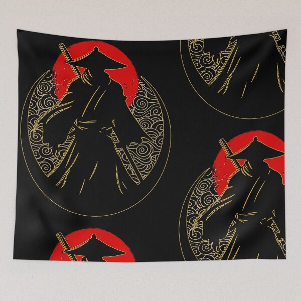 Item preview, Golden Ronin Samurai Silhouette with Red Sun and Japanese Waves designed and sold by QuirkyCloud Designs.