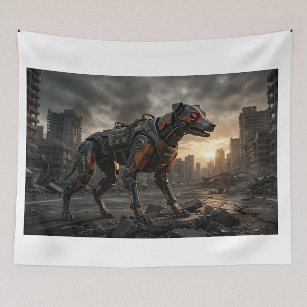 Item preview, Lone Robotic Dog in Abandoned City - Cyberpunk Sci-Fi Art designed and sold by Larrysamdesign.