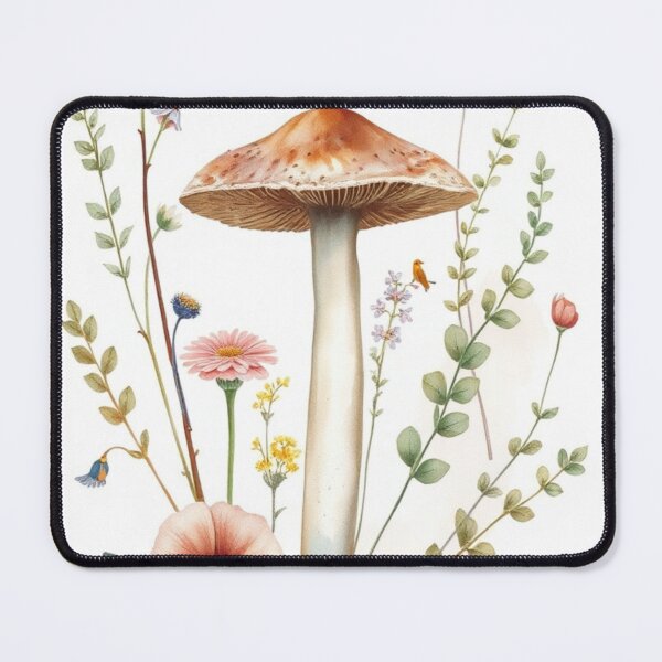 Item preview, Watercolor Tall Woodland Mushroom and Wildflowers Print designed and sold by Jade Ado.