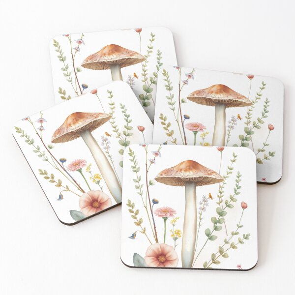 Item preview, Watercolor Tall Woodland Mushroom and Wildflowers Print designed and sold by Vida e Arte.