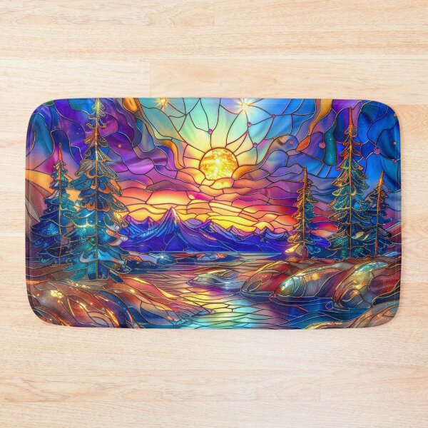 Item preview, Mountain Lake at Sunset Stained Glass Art designed and sold by MargaretWiktor.