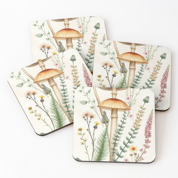 Item preview, Vintage Watercolor Golden Mushrooms and Wildflowers Print designed and sold by Vida e Arte.