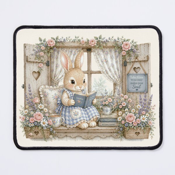 Item preview, Reading Bunny by the Cottage Window | Cozy Cottagecore Rabbit Illustration designed and sold by looplandger.