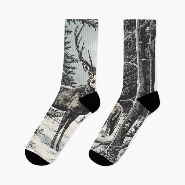 Item preview, Black White Deer Wolf Winter Forest Vintage Engraving designed and sold by Luna-Flow.