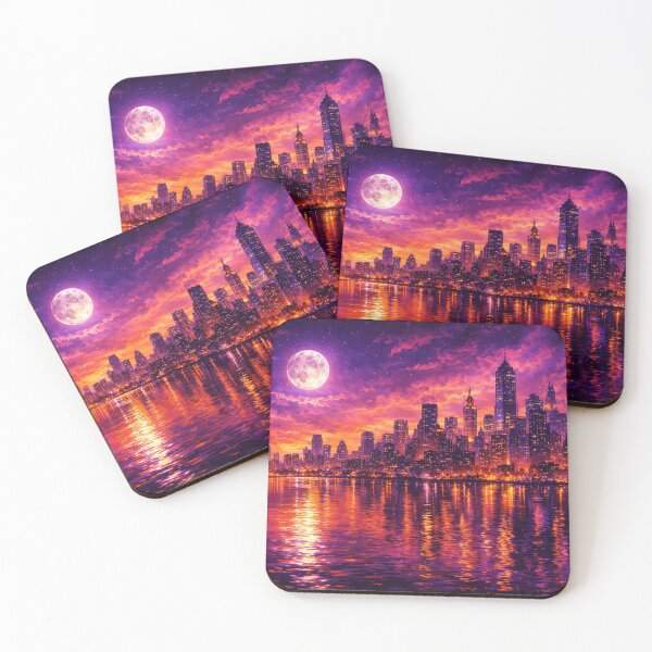 Item preview, Vibrant Purple and Gold City Skyline Full Moon Sunset Art Print designed and sold by Joey Santiago.
