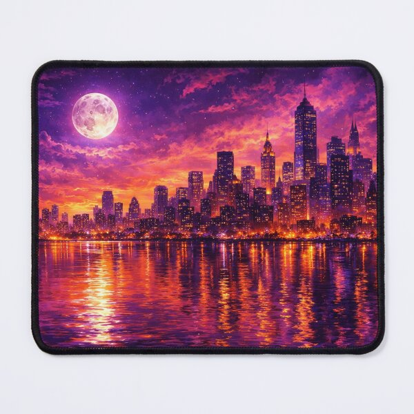 Item preview, Vibrant Purple and Gold City Skyline Full Moon Sunset Art Print designed and sold by Joey Santiago.