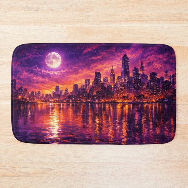 Item preview, Vibrant Purple and Gold City Skyline Full Moon Sunset Art Print designed and sold by Joey Santiago.