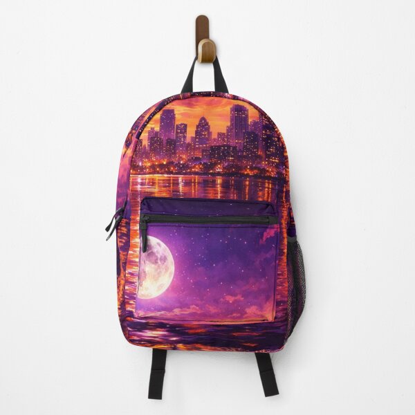 Item preview, Vibrant Purple and Gold City Skyline Full Moon Sunset Art Print designed and sold by Joey Santiago.