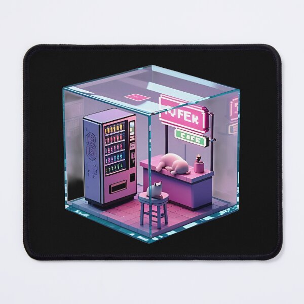Item preview, Lazy Neon Cat Cafe Isometric Cyberpunk Glass Cube Diorama  designed and sold by RareVisuals.