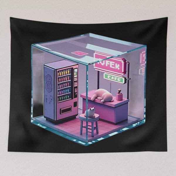 Item preview, Lazy Neon Cat Cafe Isometric Cyberpunk Glass Cube Diorama  designed and sold by RareVisuals.