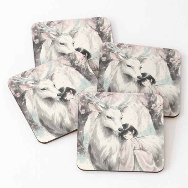 Item preview, Sacred White Deer and Kimono Girl - Aesthetic Ink Wash Art designed and sold by HezeOtakuArt.