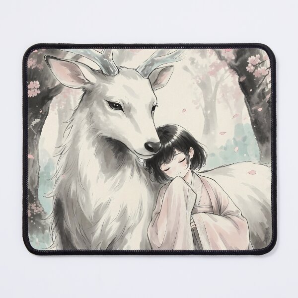 Item preview, Sacred White Deer and Kimono Girl - Aesthetic Ink Wash Art designed and sold by HezeOtakuArt.
