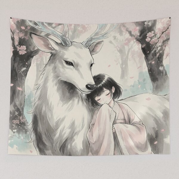 Item preview, Sacred White Deer and Kimono Girl - Aesthetic Ink Wash Art designed and sold by HezeOtakuArt.