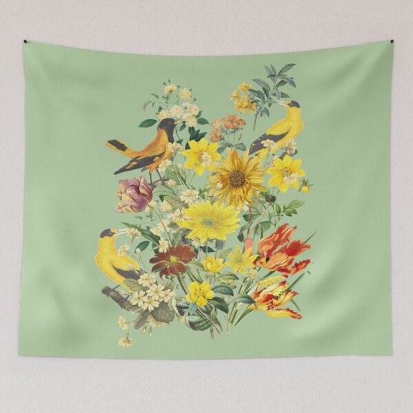 Item preview, Grandmillennial Flowr Bouquet with Sunflowers and Birds - Mint Green background  designed and sold by CanisArt.