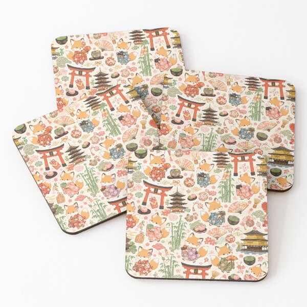 Item preview, Kawaii Kyoto Fox Pattern – Kimono Foxes, Matcha & Torii Seamless Japanese Wrapping Paper Design designed and sold by kawaii animal store (in Japan).