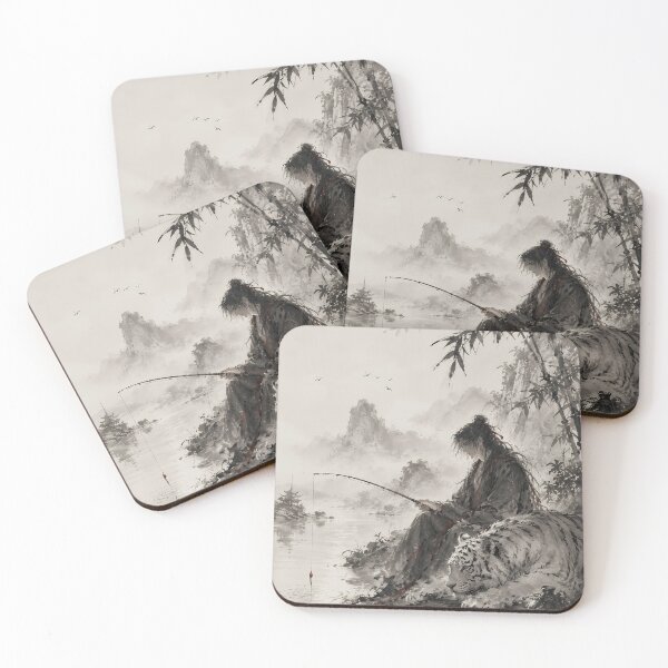 Item preview, White Tiger Fishing | Ink Wash Fantasy Art designed and sold by ManJiangHong.