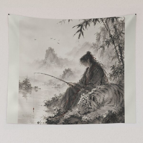 Item preview, White Tiger Fishing | Ink Wash Fantasy Art designed and sold by ManJiangHong.