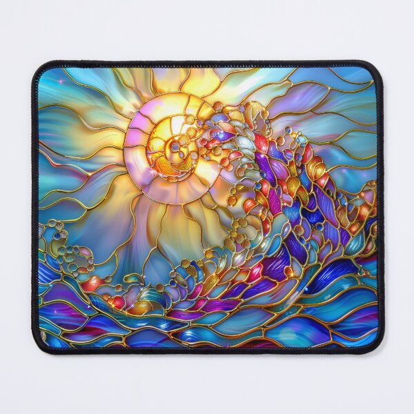 Item preview, Colorful Sunrise Sun and Moon Over Ocean | Celestial Stained Glass Sky | Vibrant Fantasy Seascape Art designed and sold by MargaretWiktor.