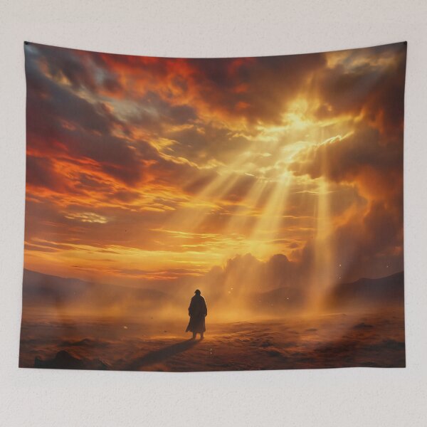 Item preview, Golden Sunbeams Over Desert: Mysterious Wanderer Sunset Art designed and sold by MoonwoodStudio.