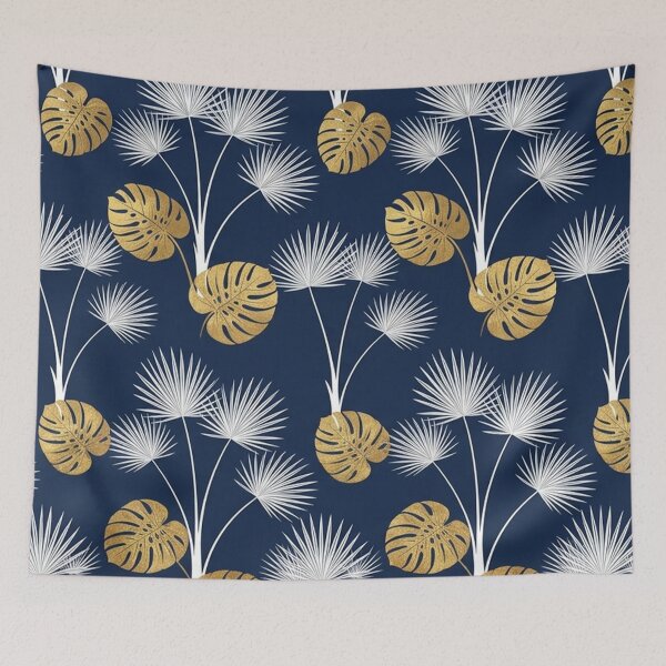 Item preview, Golden Monstera and Palm Leaves on Navy Blue designed and sold by Owcomm.