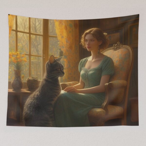 Item preview, Golden Hour Serenade Elegant Lady and Cat by the Window designed and sold by UmSkelig834.