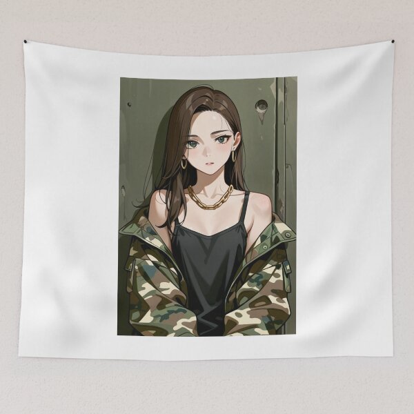 Item preview, Fashion - Woman in Camouflage Camo Jacket Tank Top Gold Chain Anime Variant 5 designed and sold by AnimeShin.