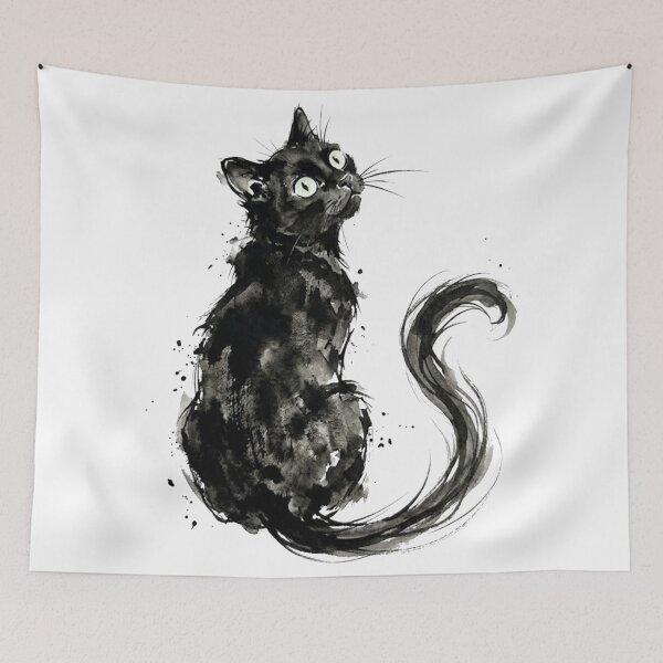 Item preview, Curious Black Cat Japanese Sumi-e Aesthetic designed and sold by Spiritualwall.