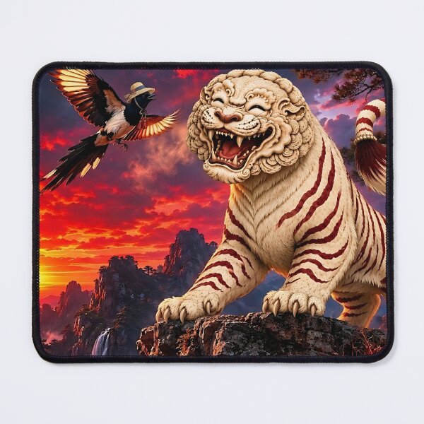 Item preview, Laughing Haetae Baekho and Chorangi Magpie at Sunset – Korean Folk Art designed and sold by K-Tradition.