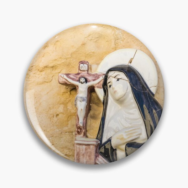 Item preview, Ceramic Religious Plaque of a Nun Praying at a Crucifix on Yellow Stucco Wall designed and sold by Nmallia.