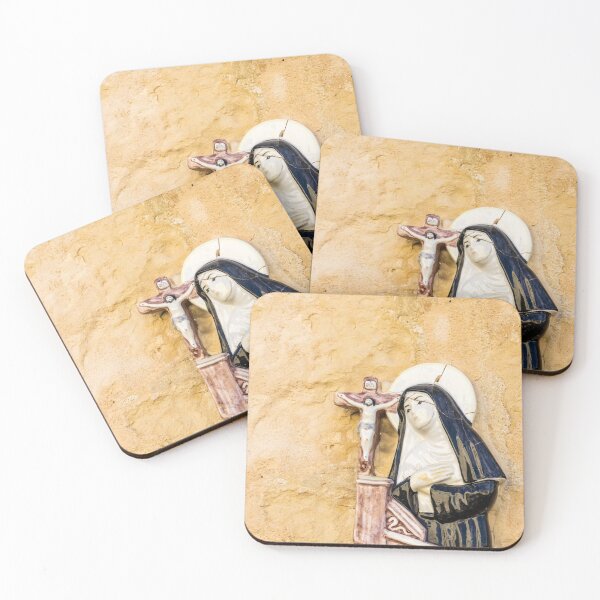 Item preview, Ceramic Religious Plaque of a Nun Praying at a Crucifix on Yellow Stucco Wall designed and sold by Nmallia.