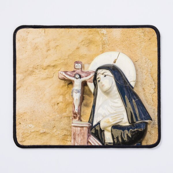Item preview, Ceramic Religious Plaque of a Nun Praying at a Crucifix on Yellow Stucco Wall designed and sold by Nmallia.