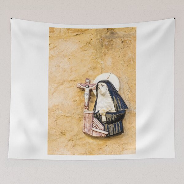 Item preview, Ceramic Religious Plaque of a Nun Praying at a Crucifix on Yellow Stucco Wall designed and sold by Nmallia.