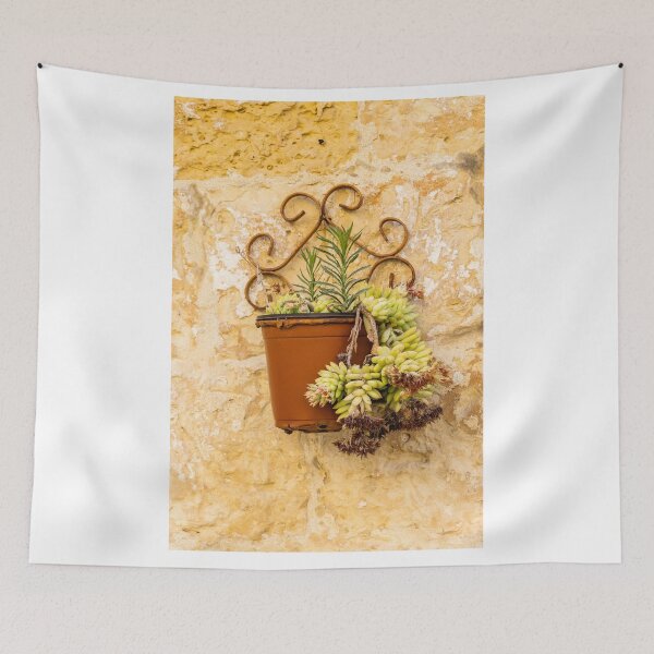 Item preview, Rustic Terracotta Pot With Succulent Hanging On Textured Stone Wall In Mediterranean Setting designed and sold by Nmallia.