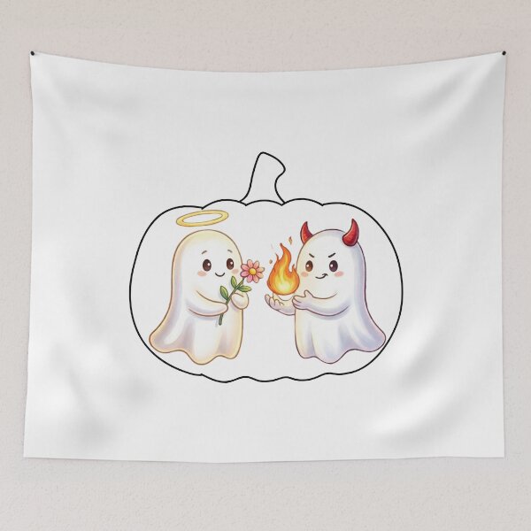 Item preview, Cute Angel and Devil Ghosts Inside Pumpkin Frame - Halloween Illustration designed and sold by VibranPalette.