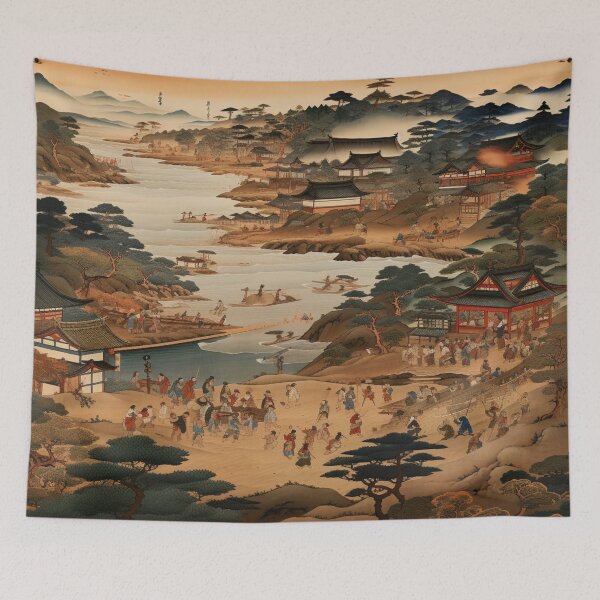 Item preview, Traditional Japanese Illustration - Japanese Village on a Riverbank designed and sold by DaisukiTokyo.