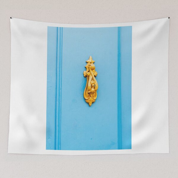 Item preview, Gold Door Knocker On Bright Blue Painted Door With Ornate Vintage Design And Texture designed and sold by Nmallia.