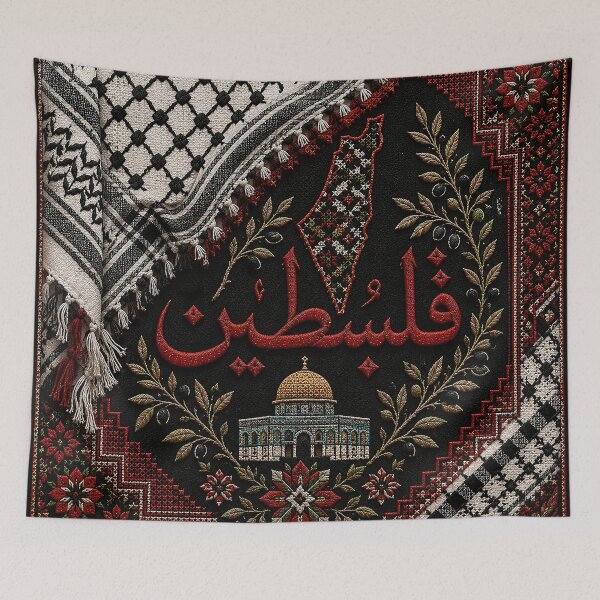 Item preview, Palestine Keffiyeh Map and Dome of the Rock Tatreez Art designed and sold by BrainCurves.