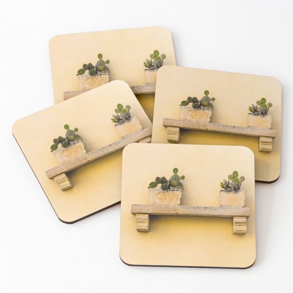 Item preview, Two Potted Cacti On A Stone Shelf Against A Textured Yellow Wall, Minimal Rustic Decor designed and sold by Nmallia.