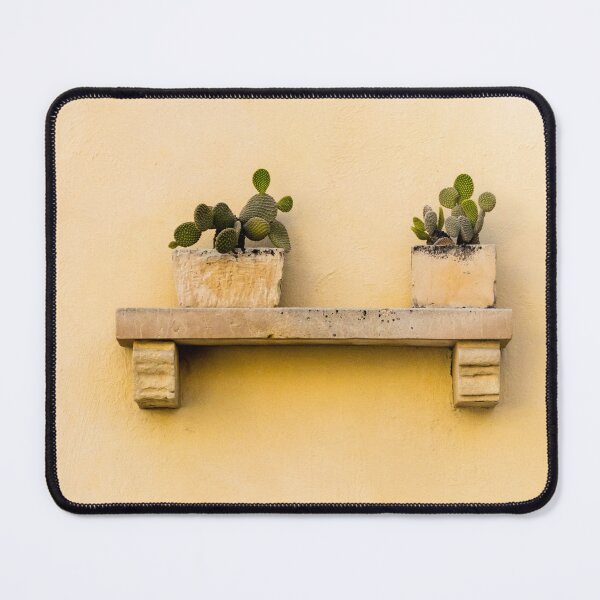 Item preview, Two Potted Cacti On A Stone Shelf Against A Textured Yellow Wall, Minimal Rustic Decor designed and sold by Nmallia.