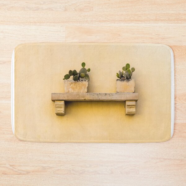 Item preview, Two Potted Cacti On A Stone Shelf Against A Textured Yellow Wall, Minimal Rustic Decor designed and sold by Nmallia.