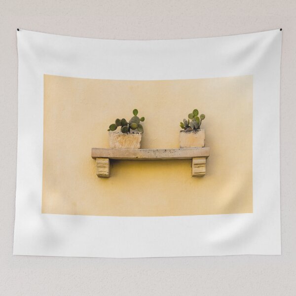 Item preview, Two Potted Cacti On A Stone Shelf Against A Textured Yellow Wall, Minimal Rustic Decor designed and sold by Nmallia.