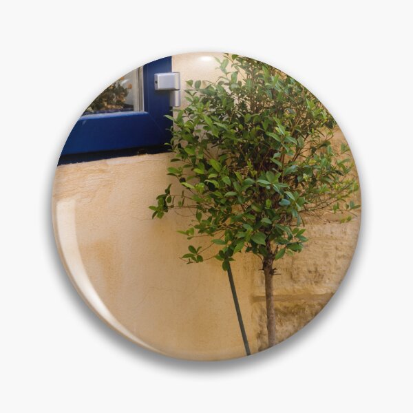 Item preview, Potted Tree in Blue Pot Beside Blue Window and Sandstone Wall — Mediterranean Home Exterior Scene designed and sold by Nmallia.