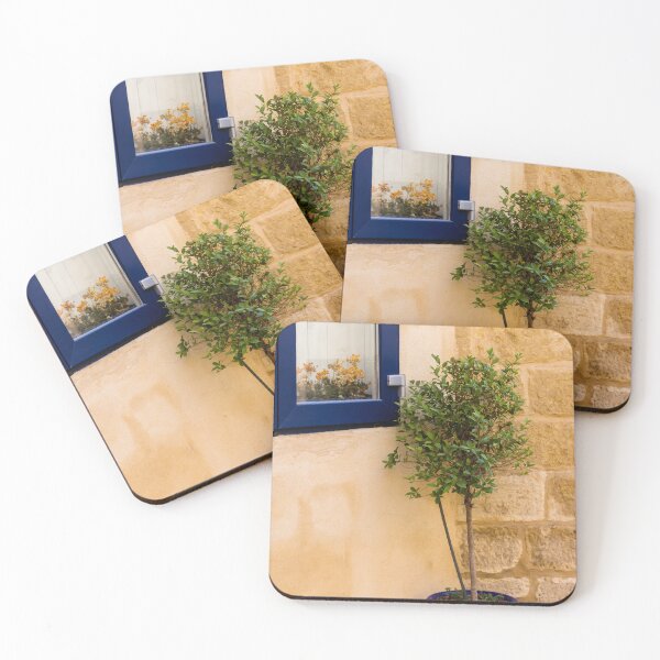 Item preview, Potted Tree in Blue Pot Beside Blue Window and Sandstone Wall — Mediterranean Home Exterior Scene designed and sold by Nmallia.