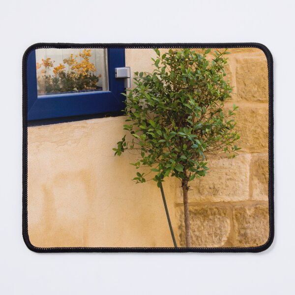 Item preview, Potted Tree in Blue Pot Beside Blue Window and Sandstone Wall — Mediterranean Home Exterior Scene designed and sold by Nmallia.