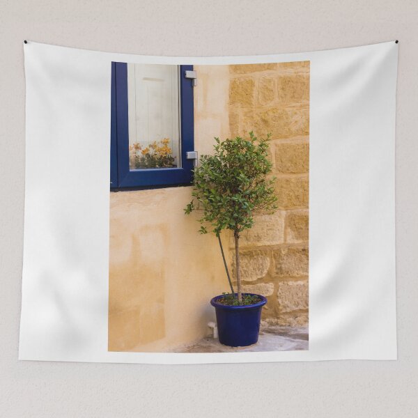 Item preview, Potted Tree in Blue Pot Beside Blue Window and Sandstone Wall — Mediterranean Home Exterior Scene designed and sold by Nmallia.