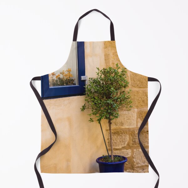 Item preview, Potted Tree in Blue Pot Beside Blue Window and Sandstone Wall — Mediterranean Home Exterior Scene designed and sold by Nmallia.