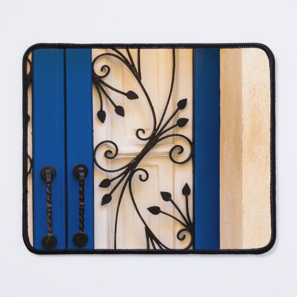 Item preview, Decorative Blue Door With Wrought Iron Scrollwork and Classic Entrance Detail on Mediterranean Facade designed and sold by Nmallia.